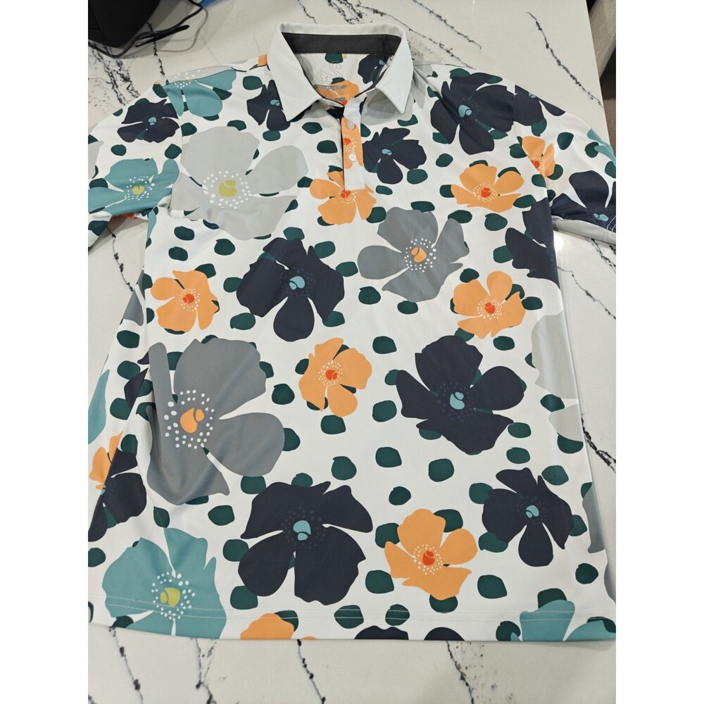 Swannies Polo Mens Large White Golf Floral Preppy Tennis Stretch Dry Dri